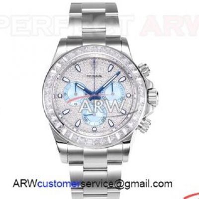 BL Factory Fully Iced Out Rolex 40MM Daytona Swiss 4130 Watch - Stainless Steel Case Ice Blue Diamond Dial 